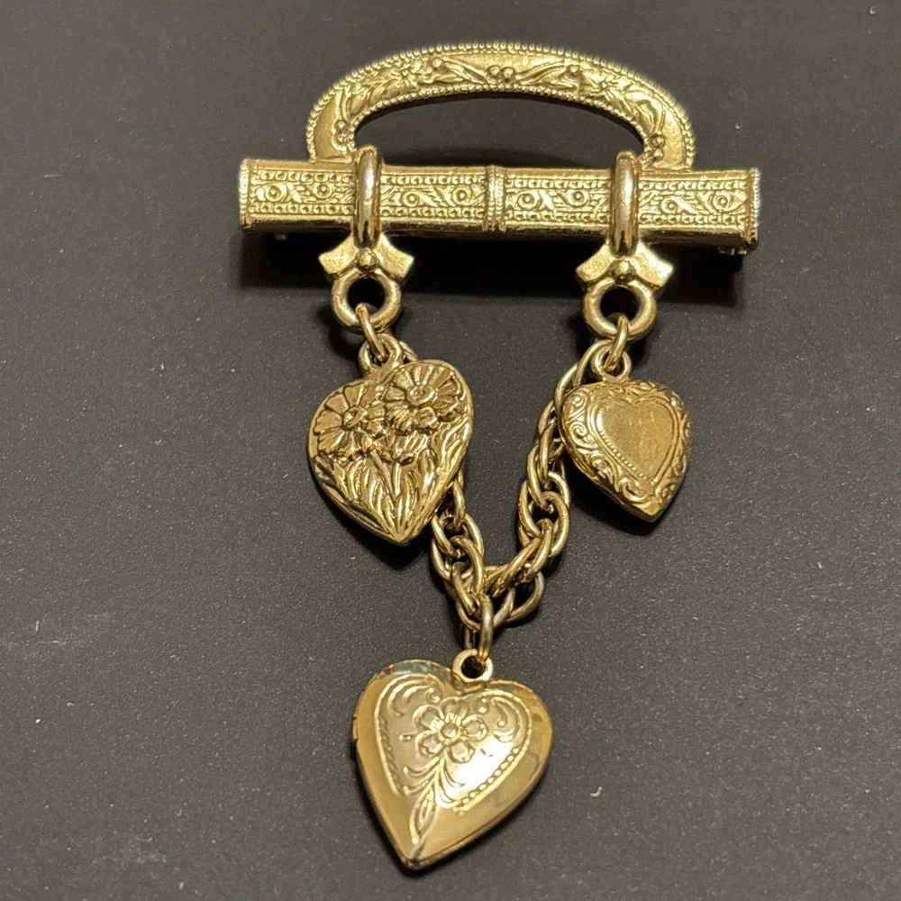 1928 Jewelry Co Gold-Tone Triple Heart Dangle Chatelaine-Style Bar Brooch Locket
